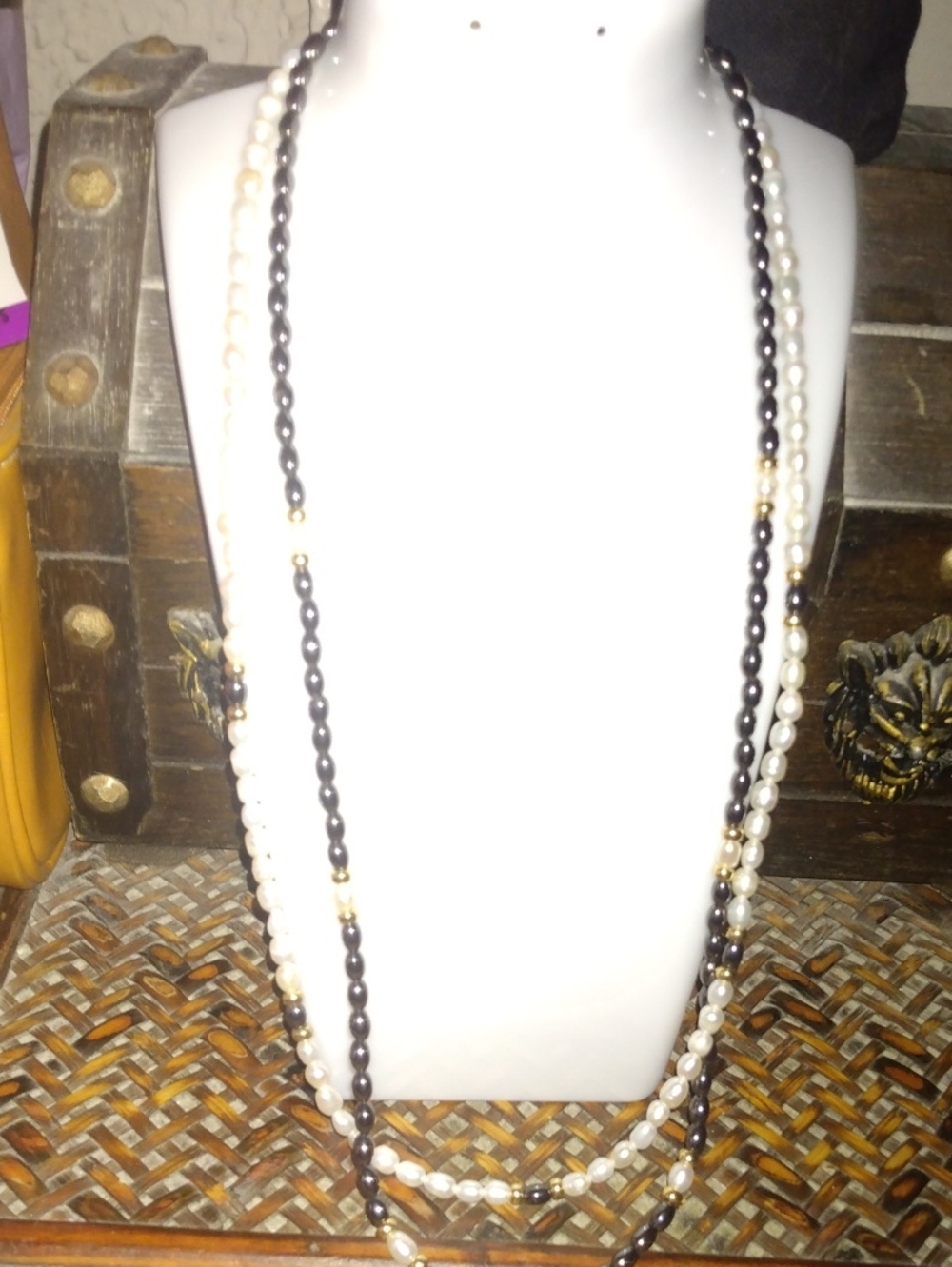 Classic Long Pearl Necklace in White and Black Oynx